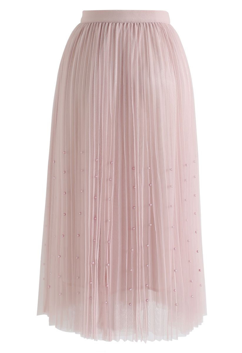 Pearls Trim Mesh Tulle Pleated Skirt in Pink