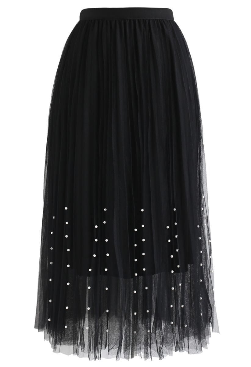 Pleated Double-Layered Mesh Tulle Pearls Skirt in Black - Retro, Indie ...