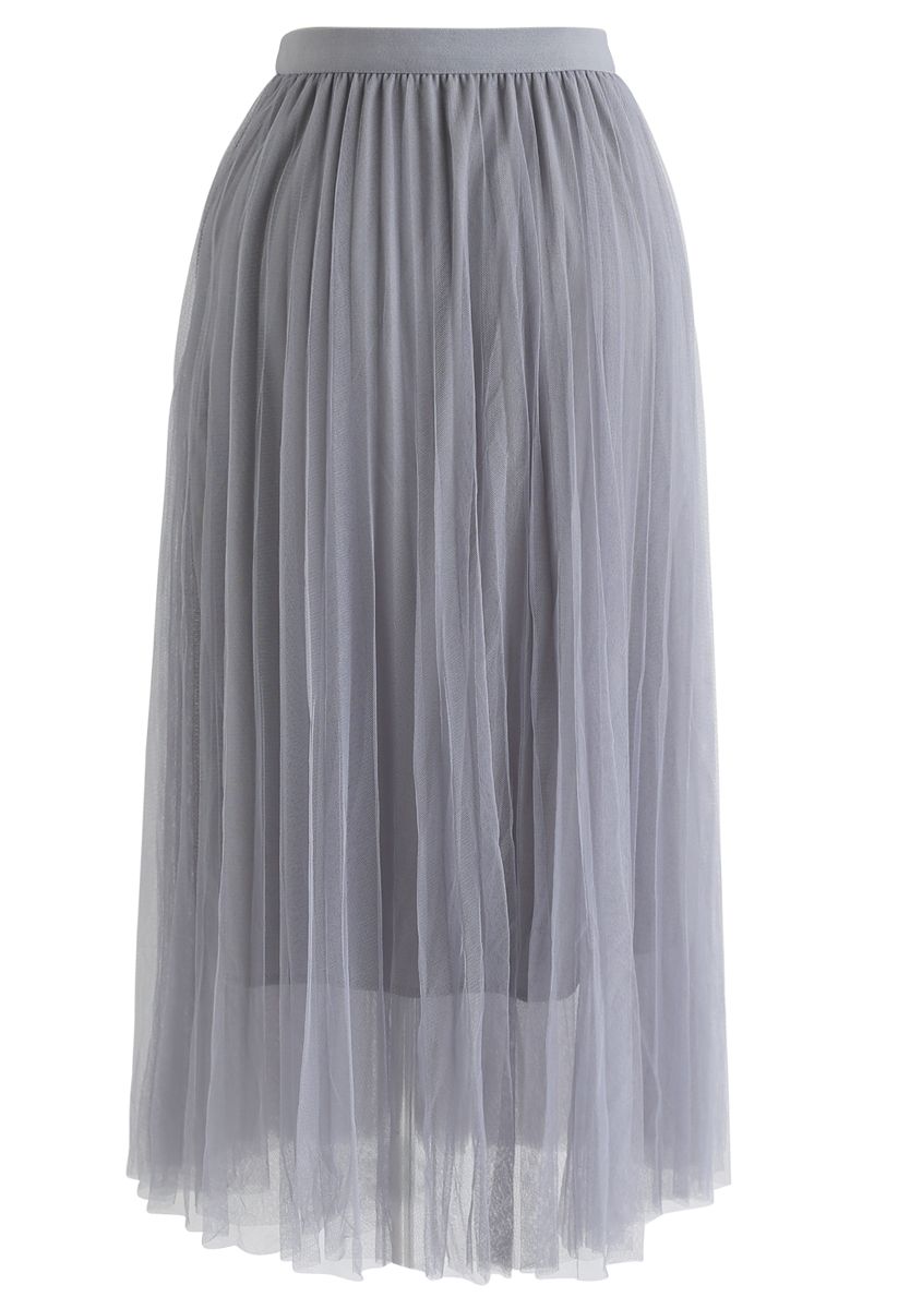 Pleated Double-Layered Mesh Tulle Pearls Skirt in Grey - Retro, Indie ...