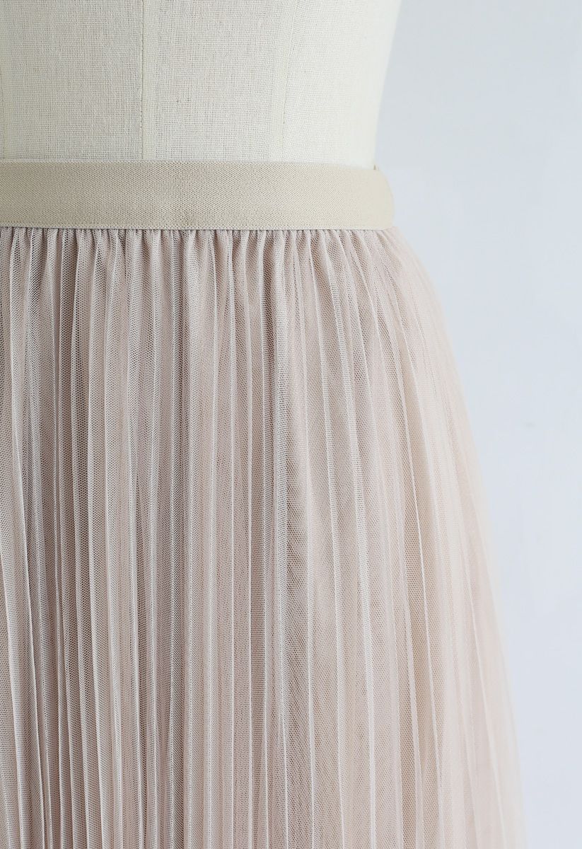Pearls Trim Mesh Tulle Pleated Skirt in Cream