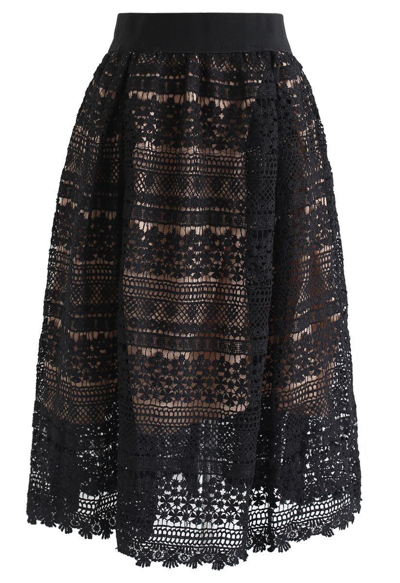 Floral Crochet Midi Skirt in Black - Retro, Indie and Unique Fashion