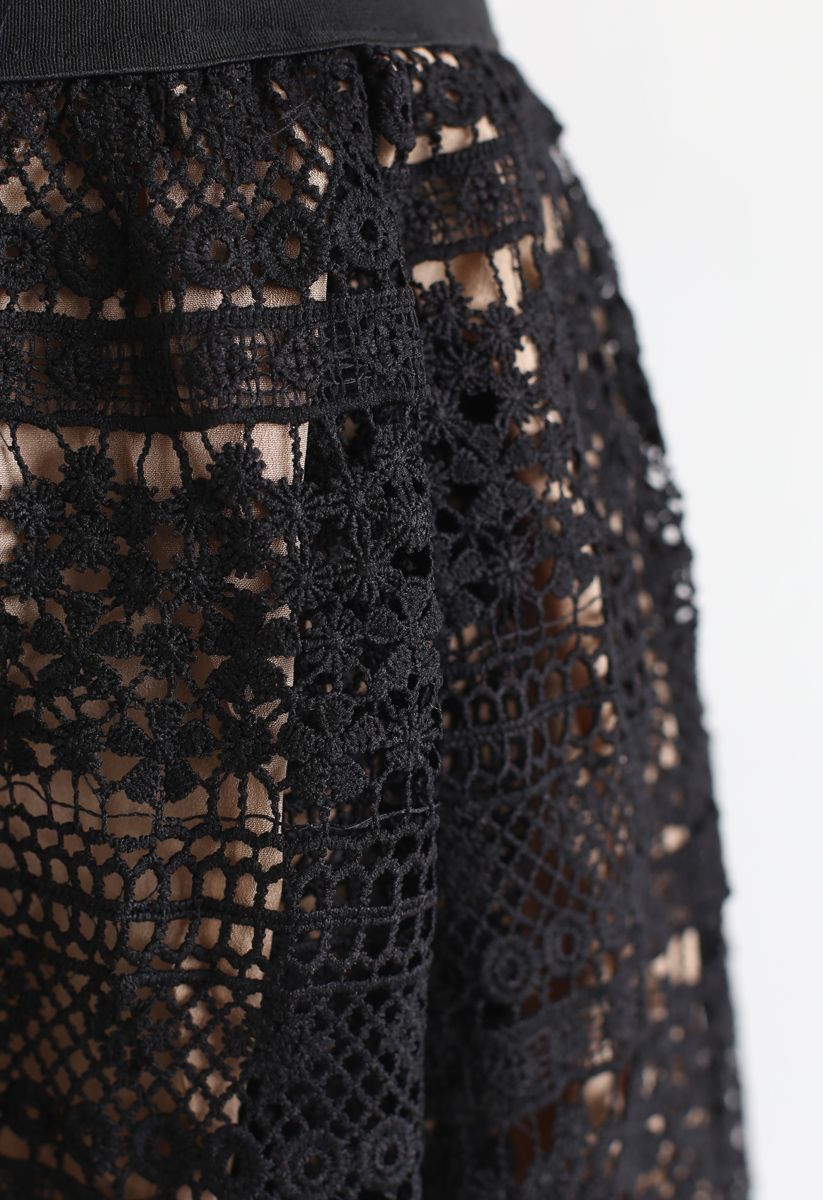 Floral Crochet Midi Skirt in Black