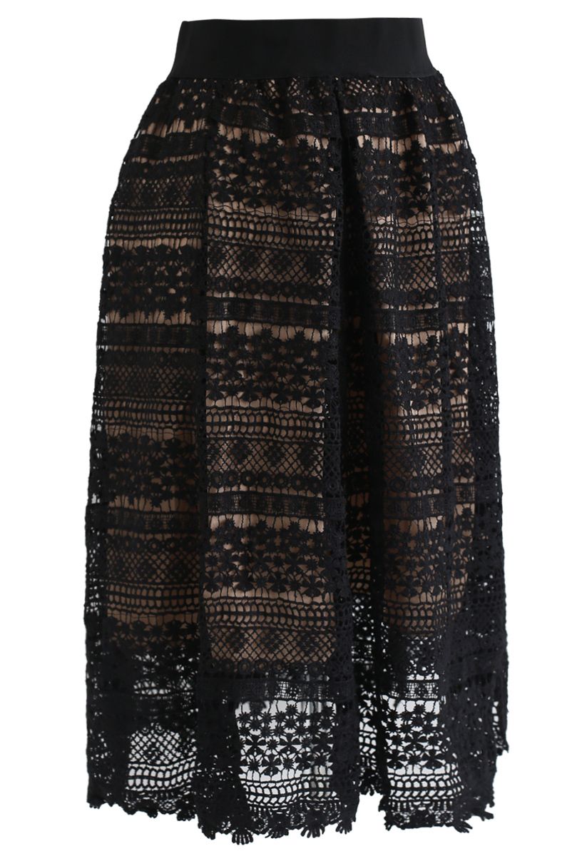 Floral Crochet Midi Skirt in Black - Retro, Indie and Unique Fashion