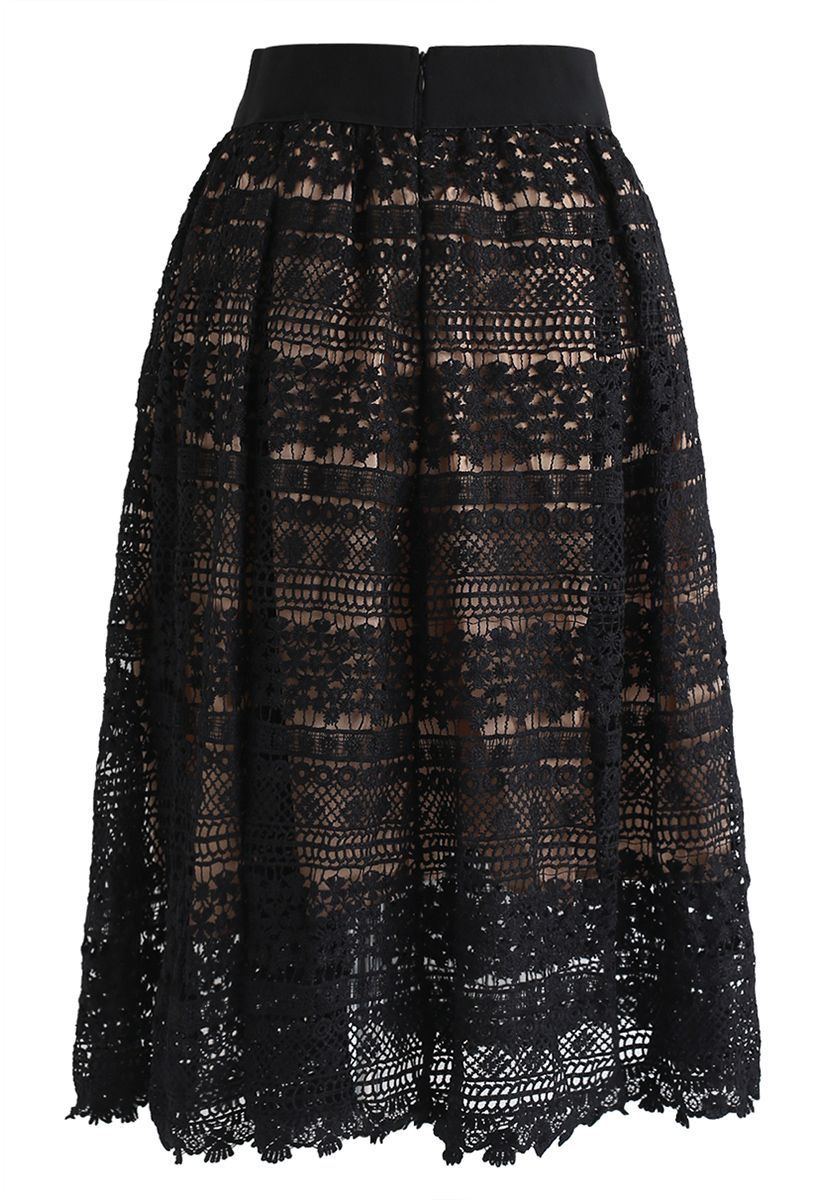 Floral Crochet Midi Skirt in Black