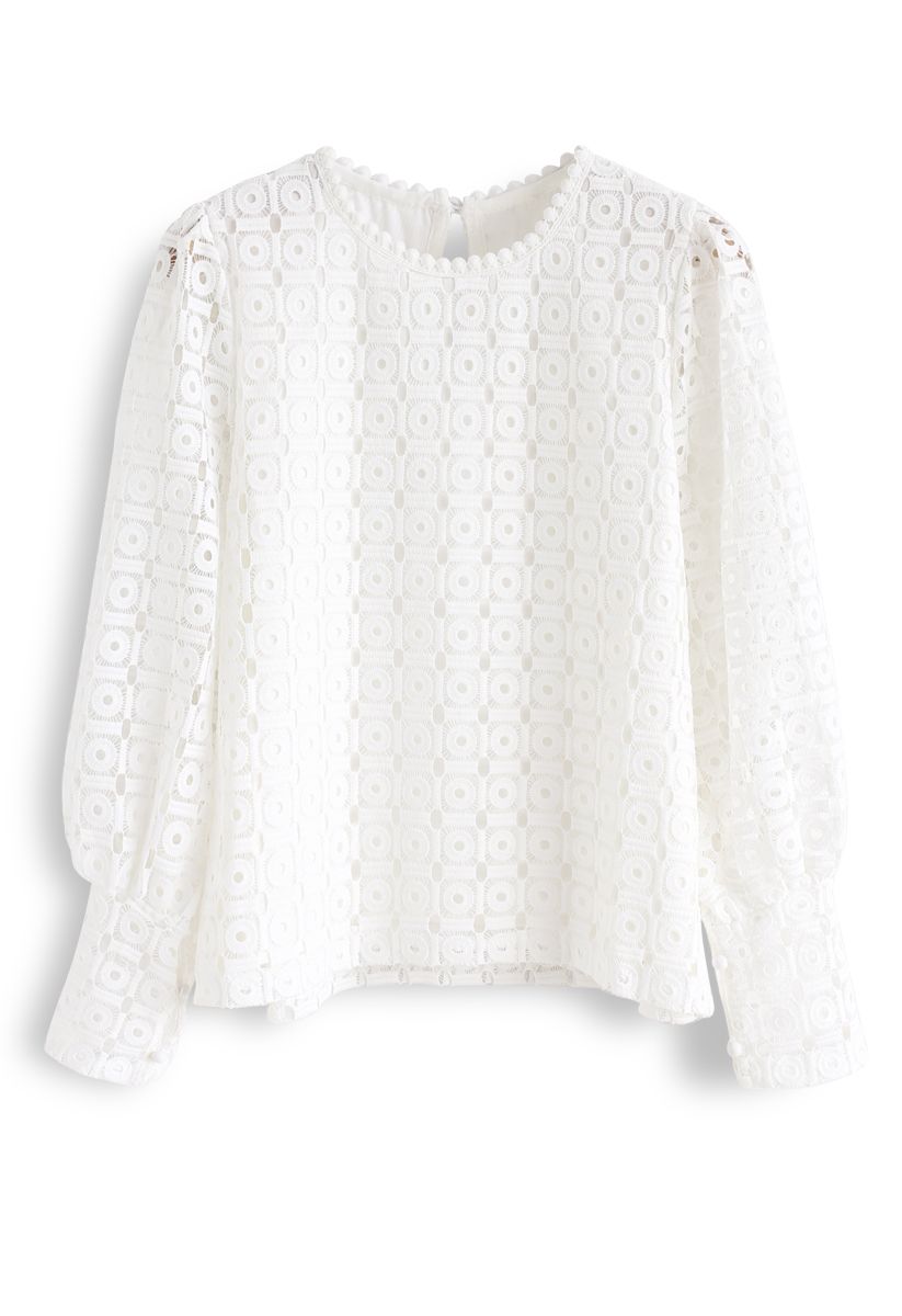 Full Circle Crochet Puff Sleeves Top in White