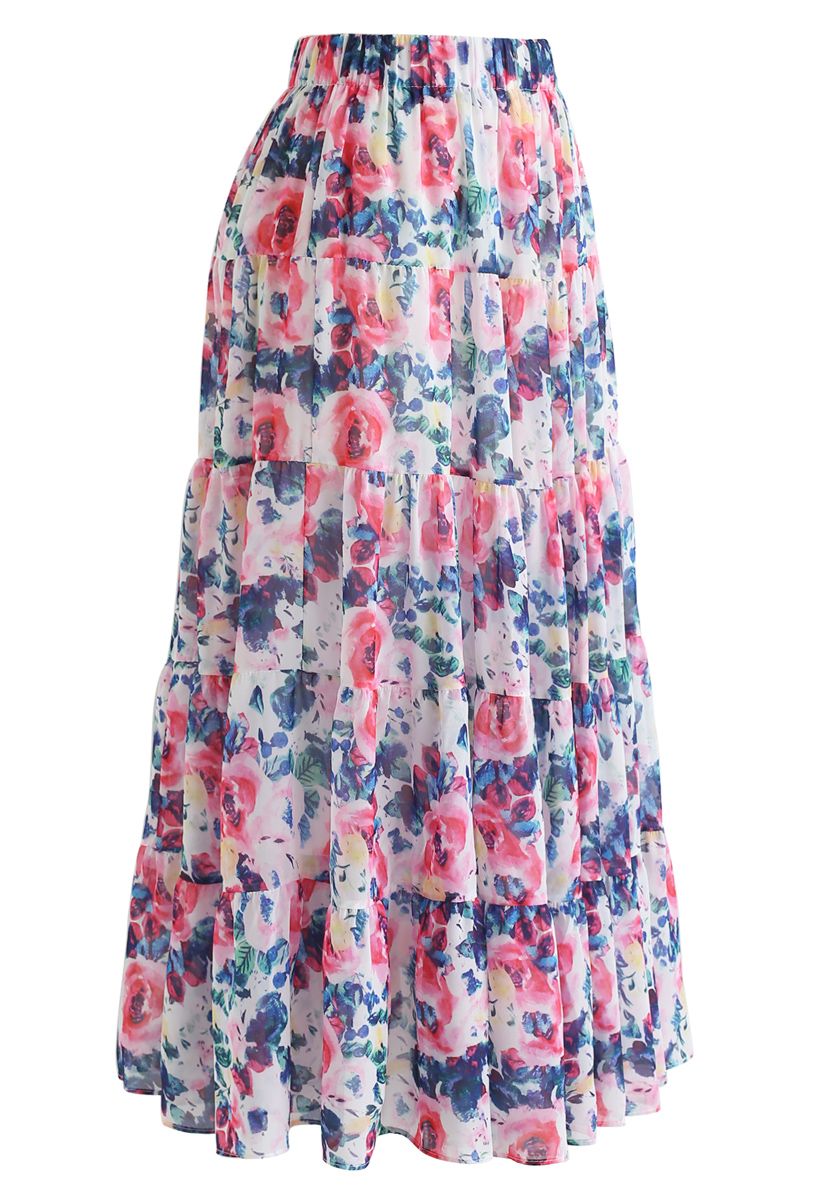 Floral Blossom Watercolor Ruffle Maxi Skirt in Pink - Retro, Indie and ...