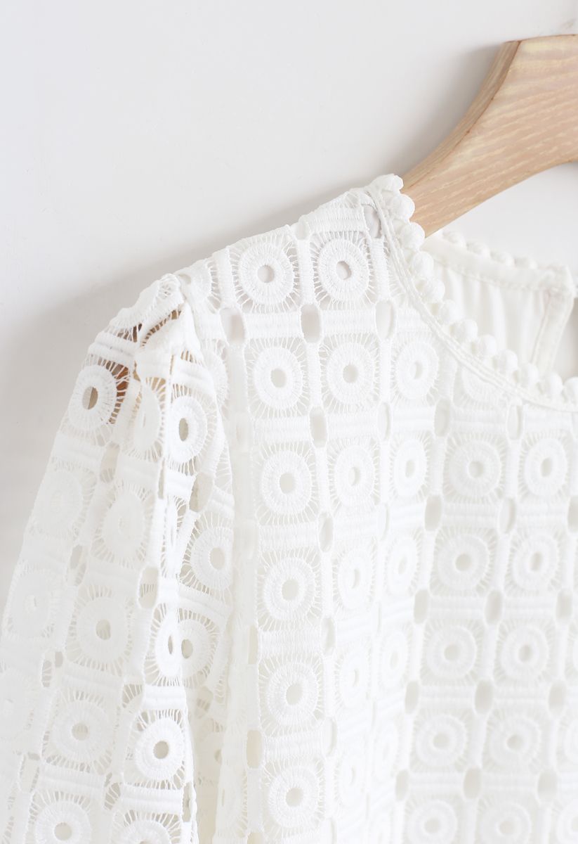 Full Circle Crochet Puff Sleeves Top in White