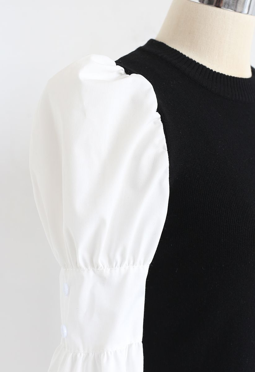 Button Trim Puff Sleeves Ribbed Knit Top