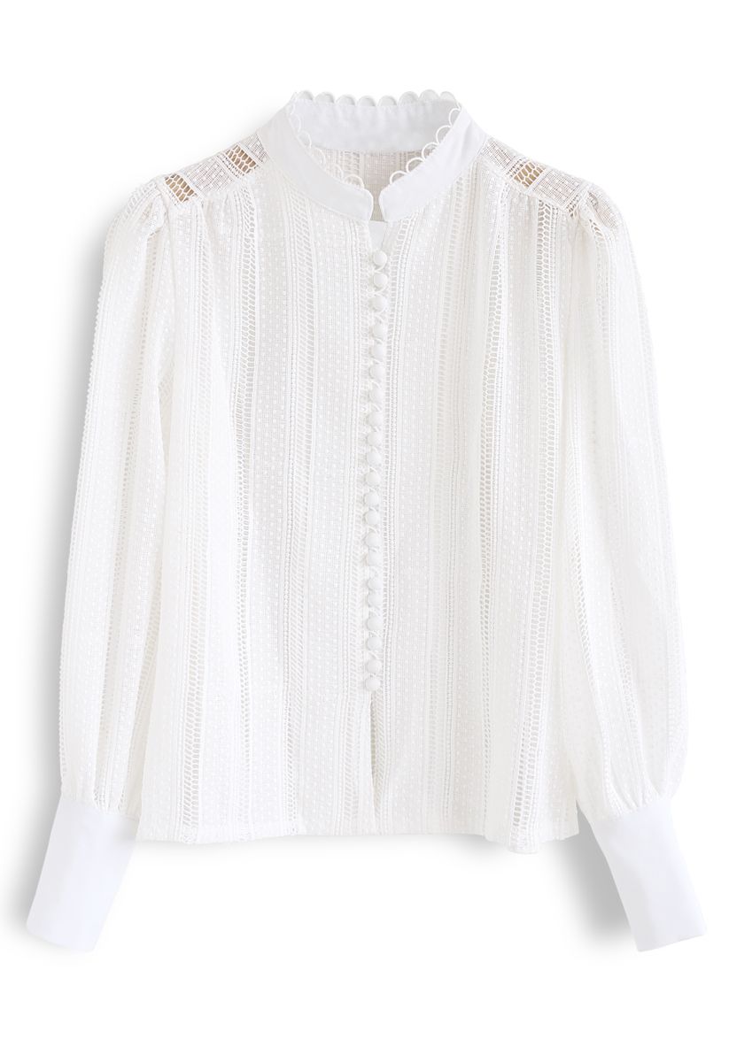 Crochet Eyelet Button Down Top in White