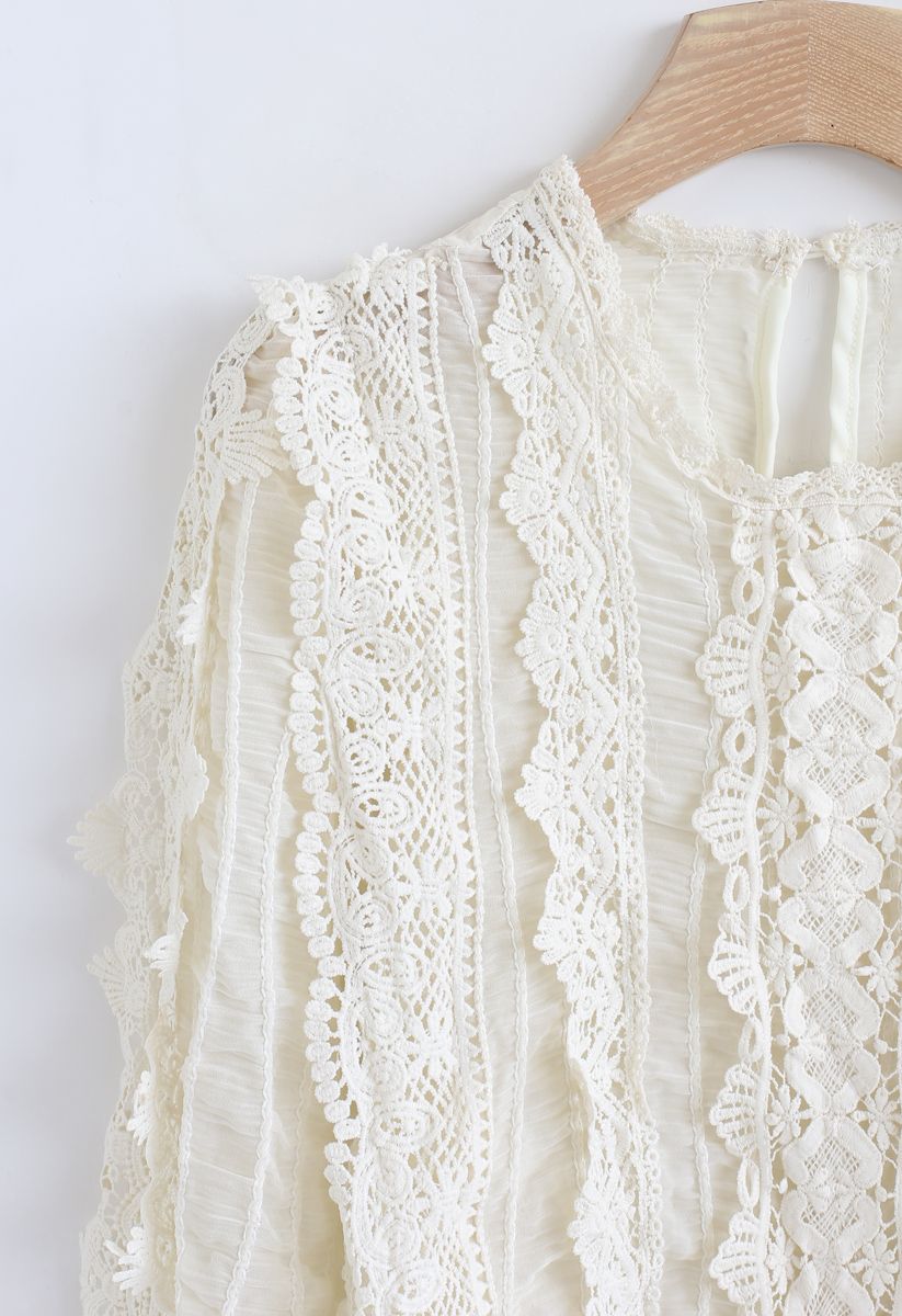 Semi-Sheer Crochet Shirred Top in Cream