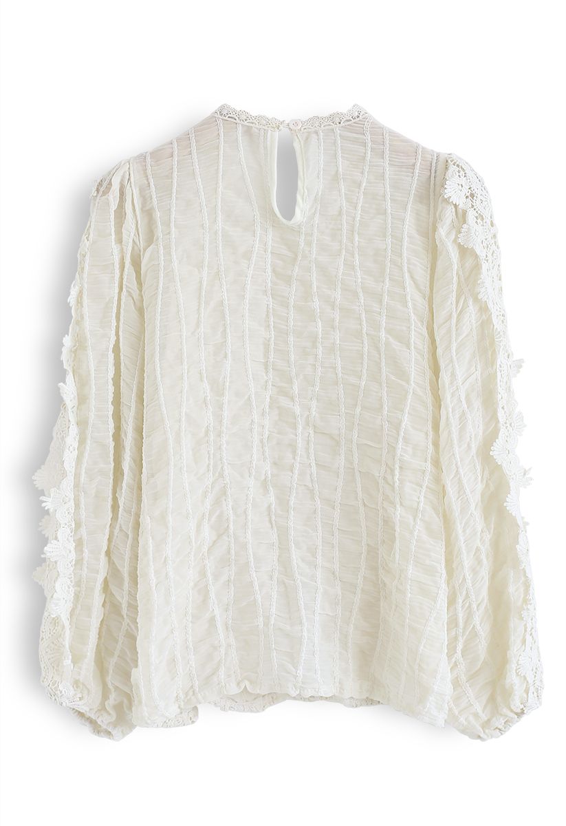 Semi-Sheer Crochet Shirred Top in Cream