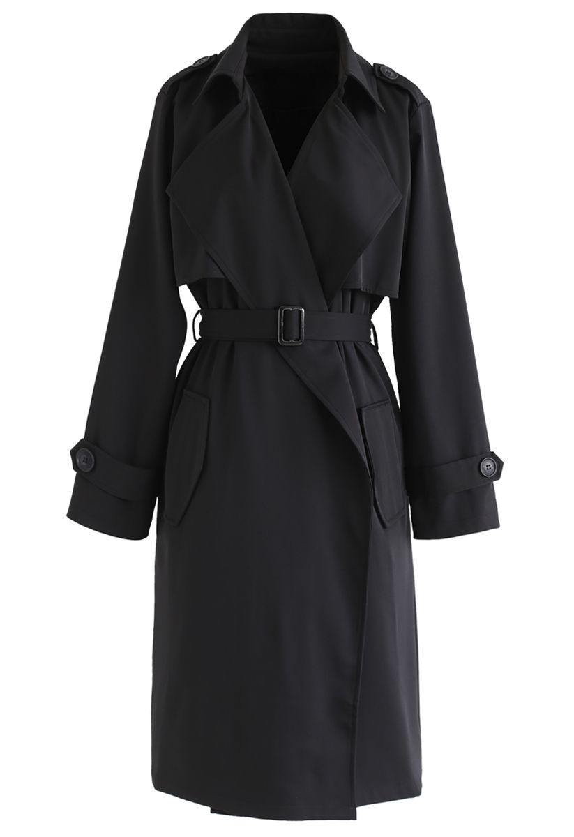 Open Front Pockets Belted Coat in Black - Retro, Indie and Unique Fashion