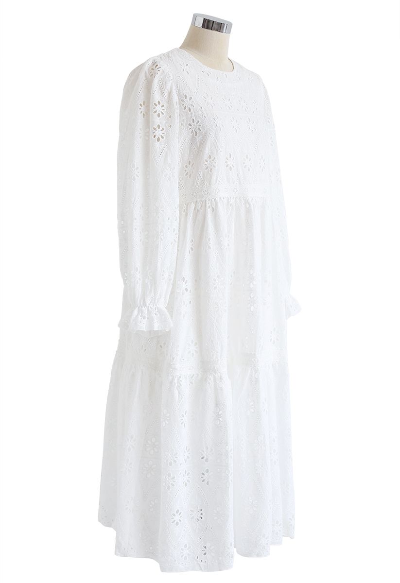 Bell Cuffs Eyelet Embroidered Dress in White