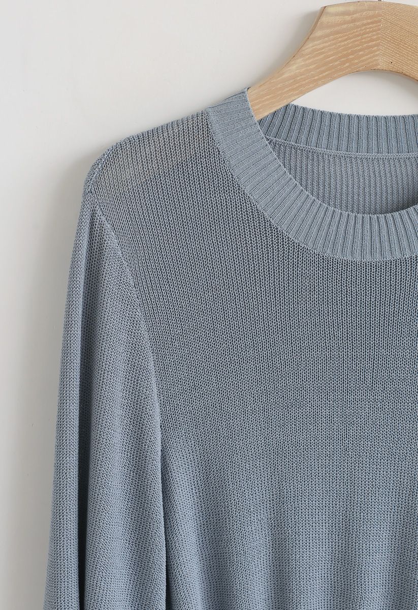 Round Neck Cropped Knit Top in Dusty Blue - Retro, Indie and Unique Fashion