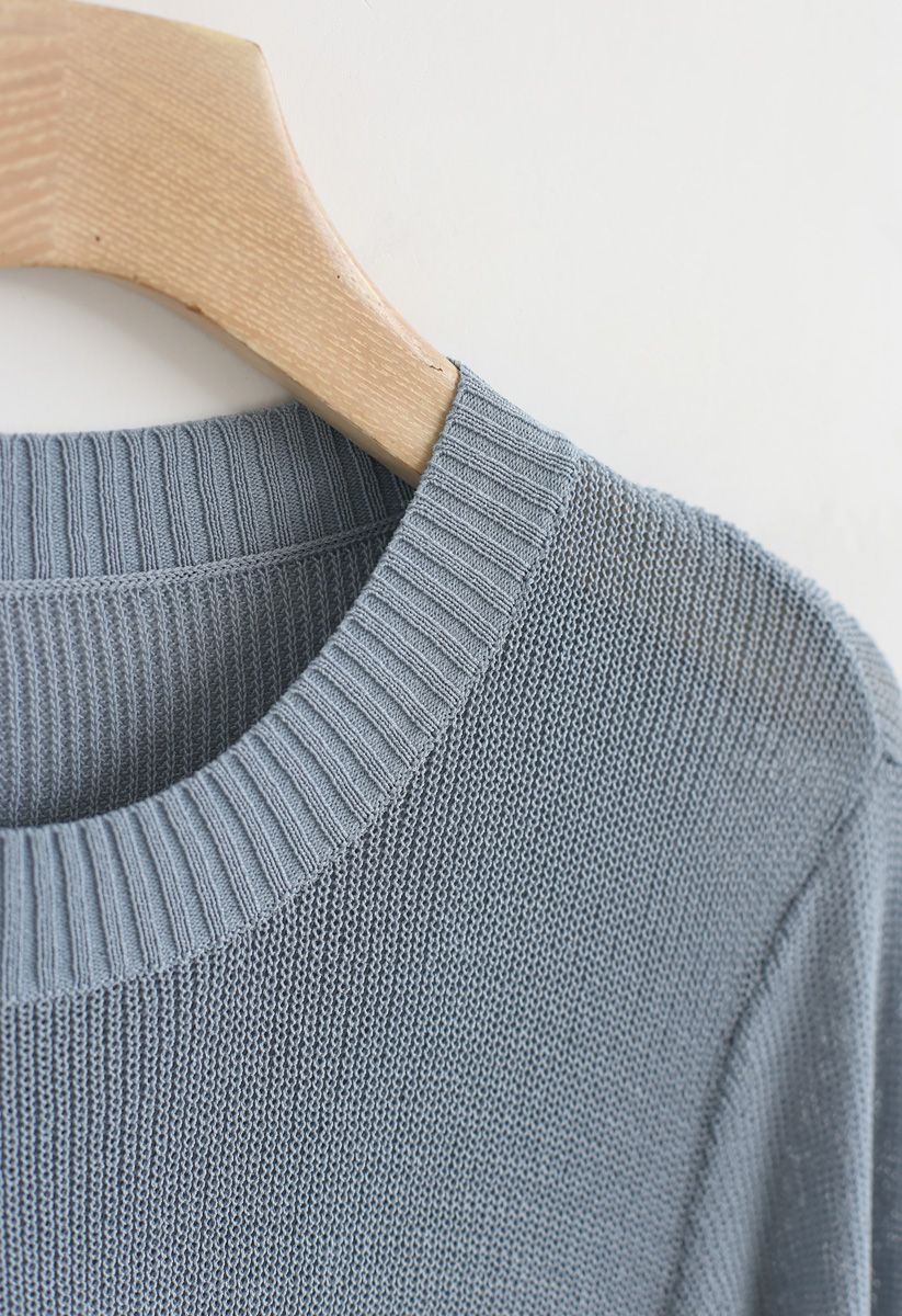 Round Neck Cropped Knit Top in Dusty Blue - Retro, Indie and Unique Fashion