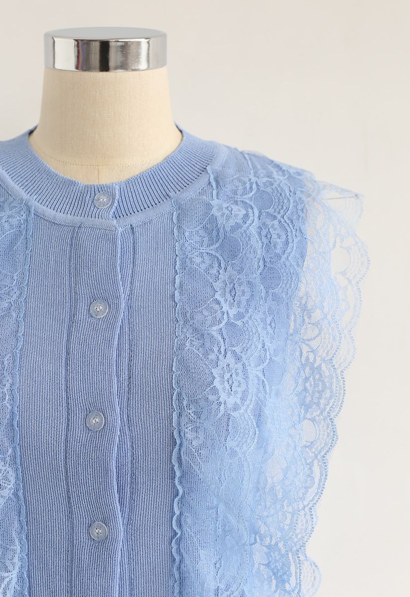 Lace Button Down Sleeveless Knit Top in Blue
