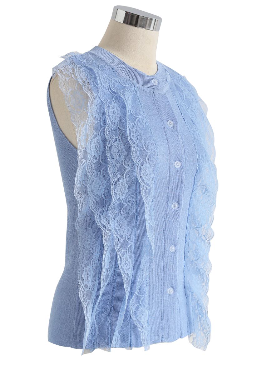 Lace Button Down Sleeveless Knit Top in Blue