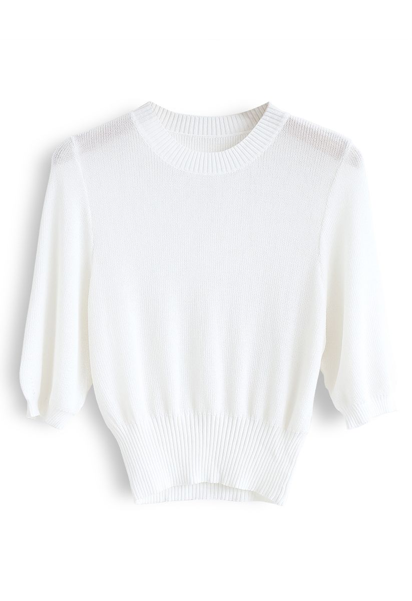 Round Neck Cropped Knit Top in White - Retro, Indie and Unique Fashion