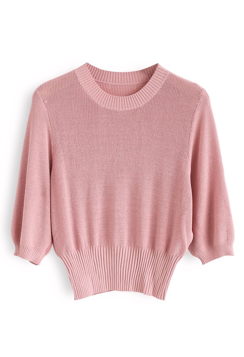 Round Neck Cropped Knit Top in Pink