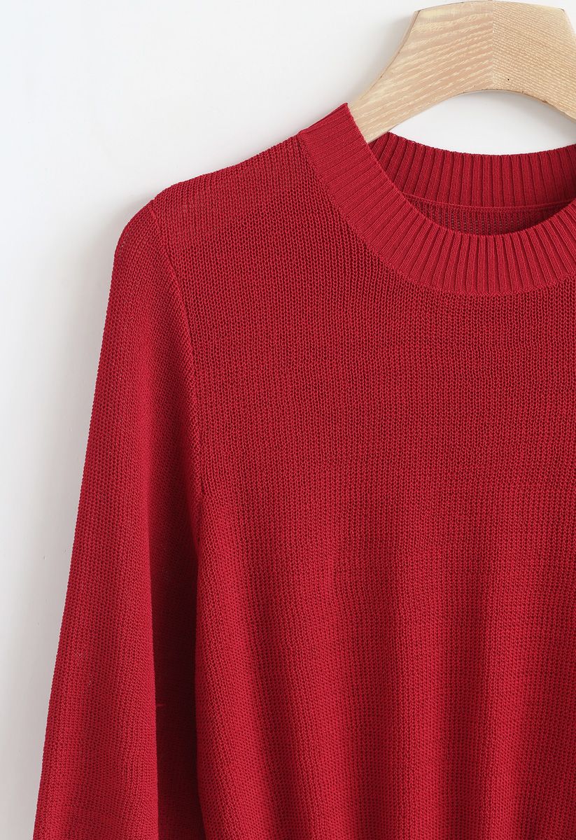 Round Neck Cropped Knit Top in Red