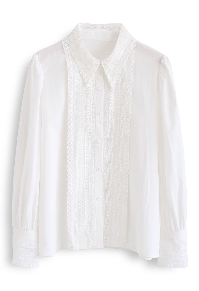 Button Down Crochet Trim Shirt in White - Retro, Indie and Unique Fashion