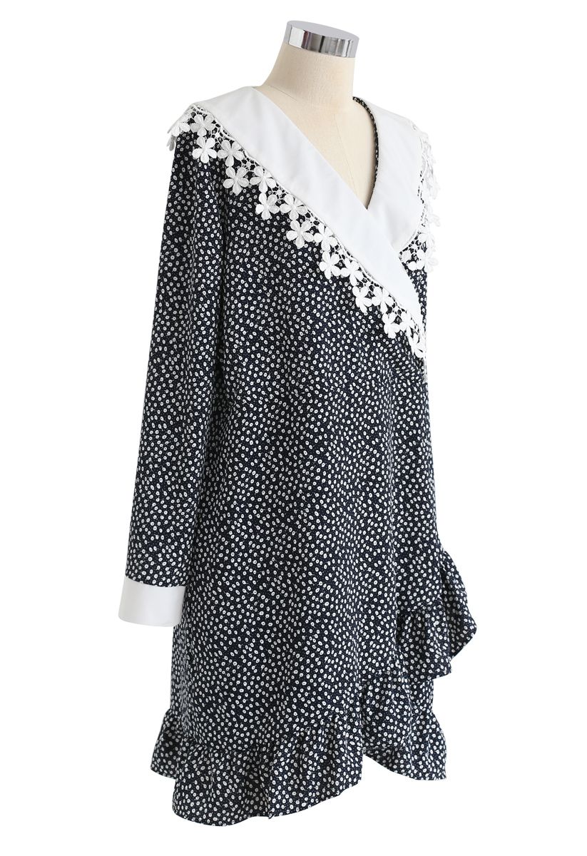 Floret Printed Ruffle Wrapped Dress in Black - Retro, Indie and Unique ...