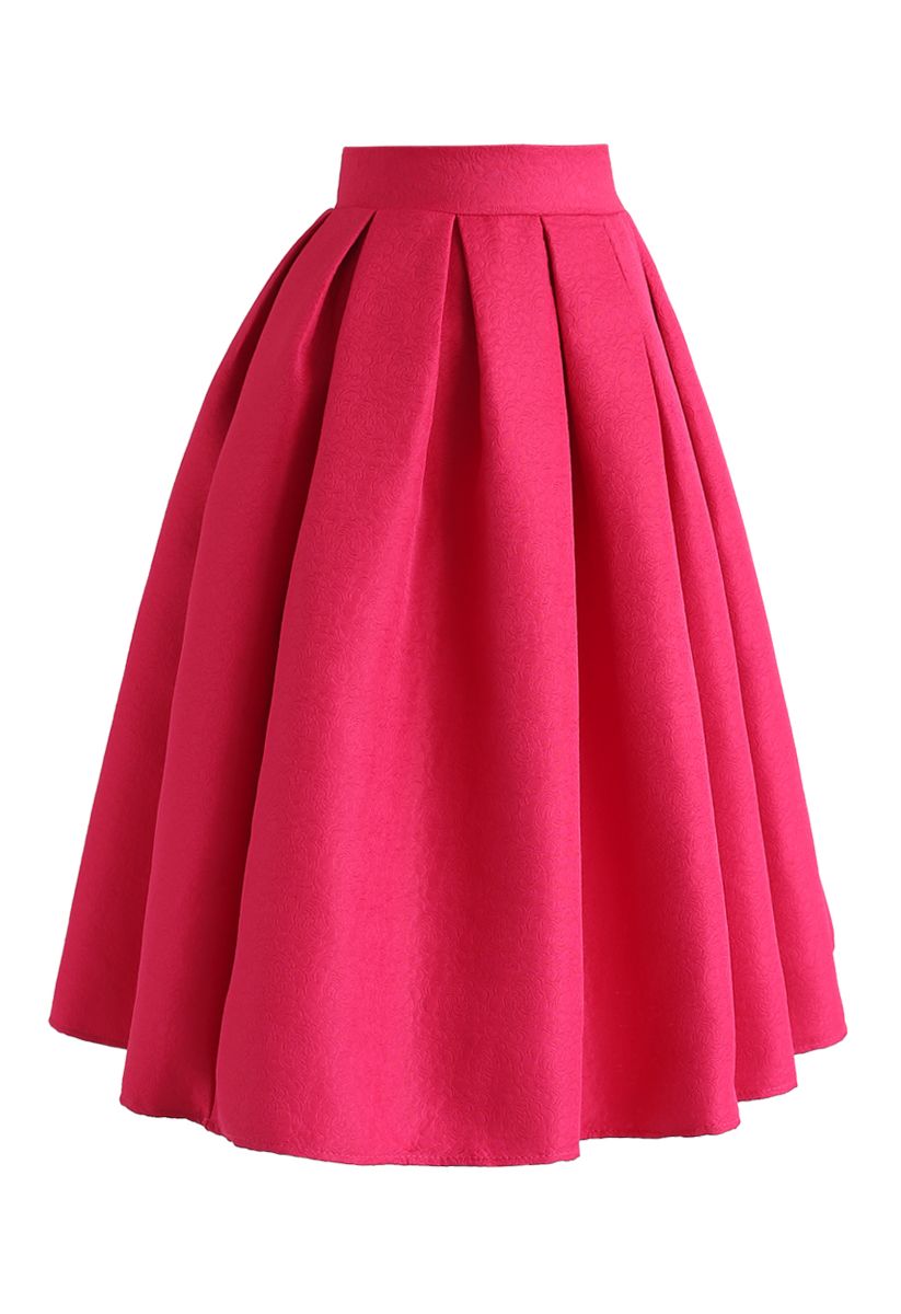 Jacquard Pleated A-Line Midi Skirt in Hot Pink