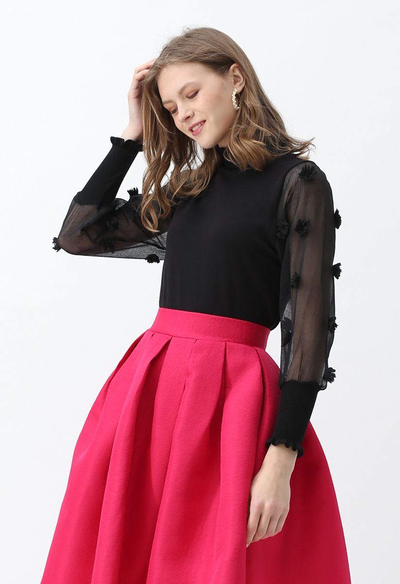 Cotton Candy Sheer Sleeves Knit Top in Black