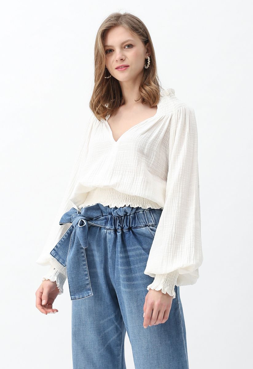 Deep V-Neck Shirred Top in Ivory - Retro, Indie and Unique Fashion