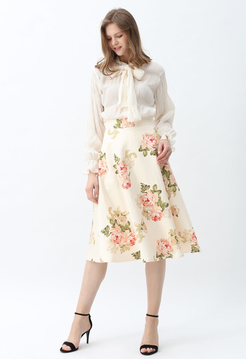Rose Print A-Line Flare Midi Skirt in Cream