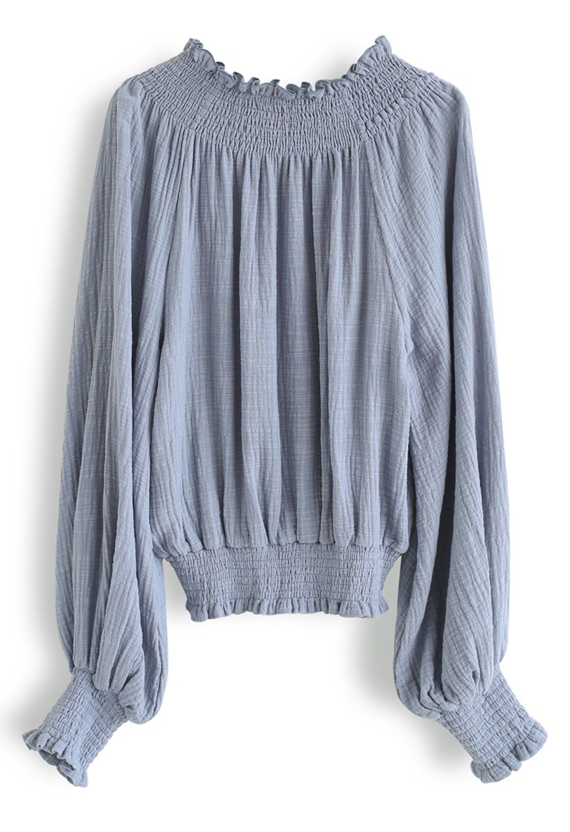Deep V-Neck Shirred Top in Dusty Blue - Retro, Indie and Unique Fashion