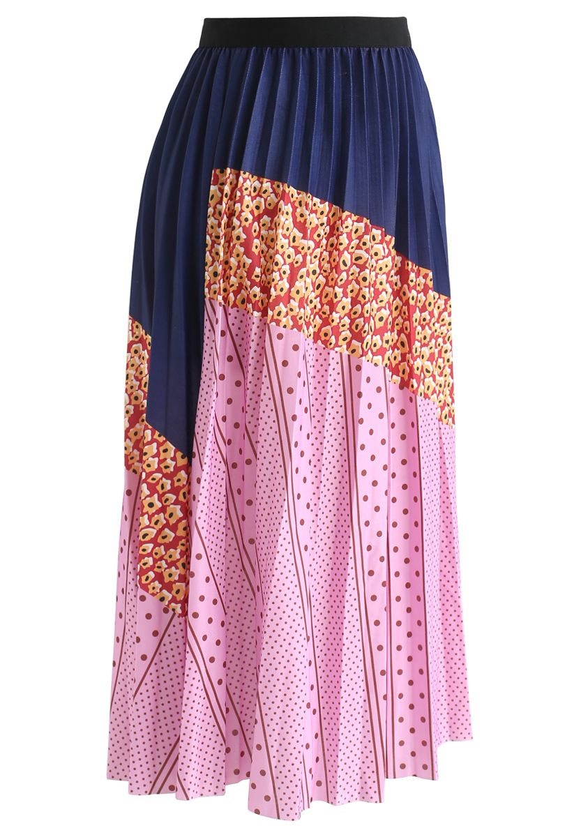 Spots Color Blocked Pleated Midi Skirt in Pink