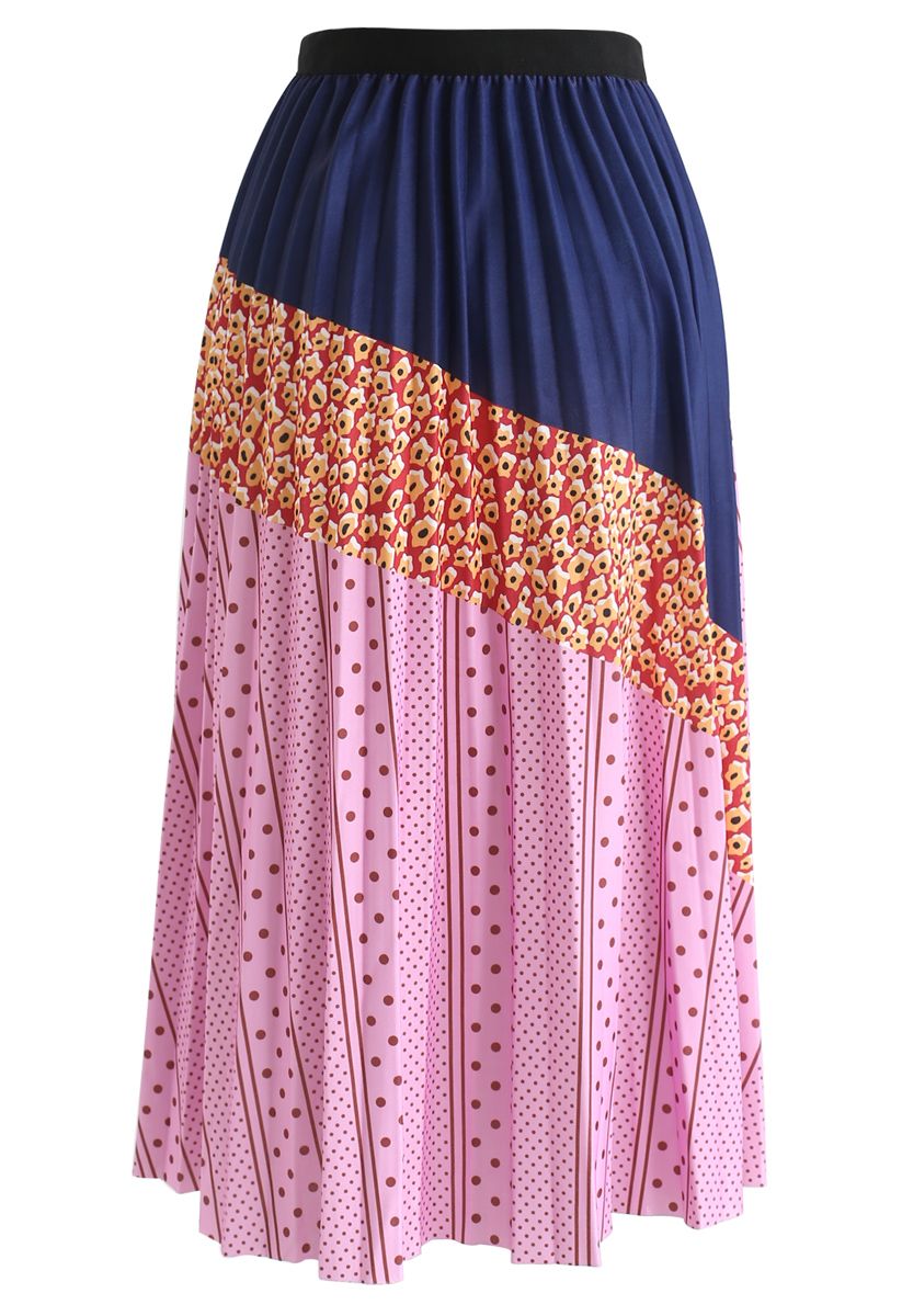 Spots Color Blocked Pleated Midi Skirt in Pink