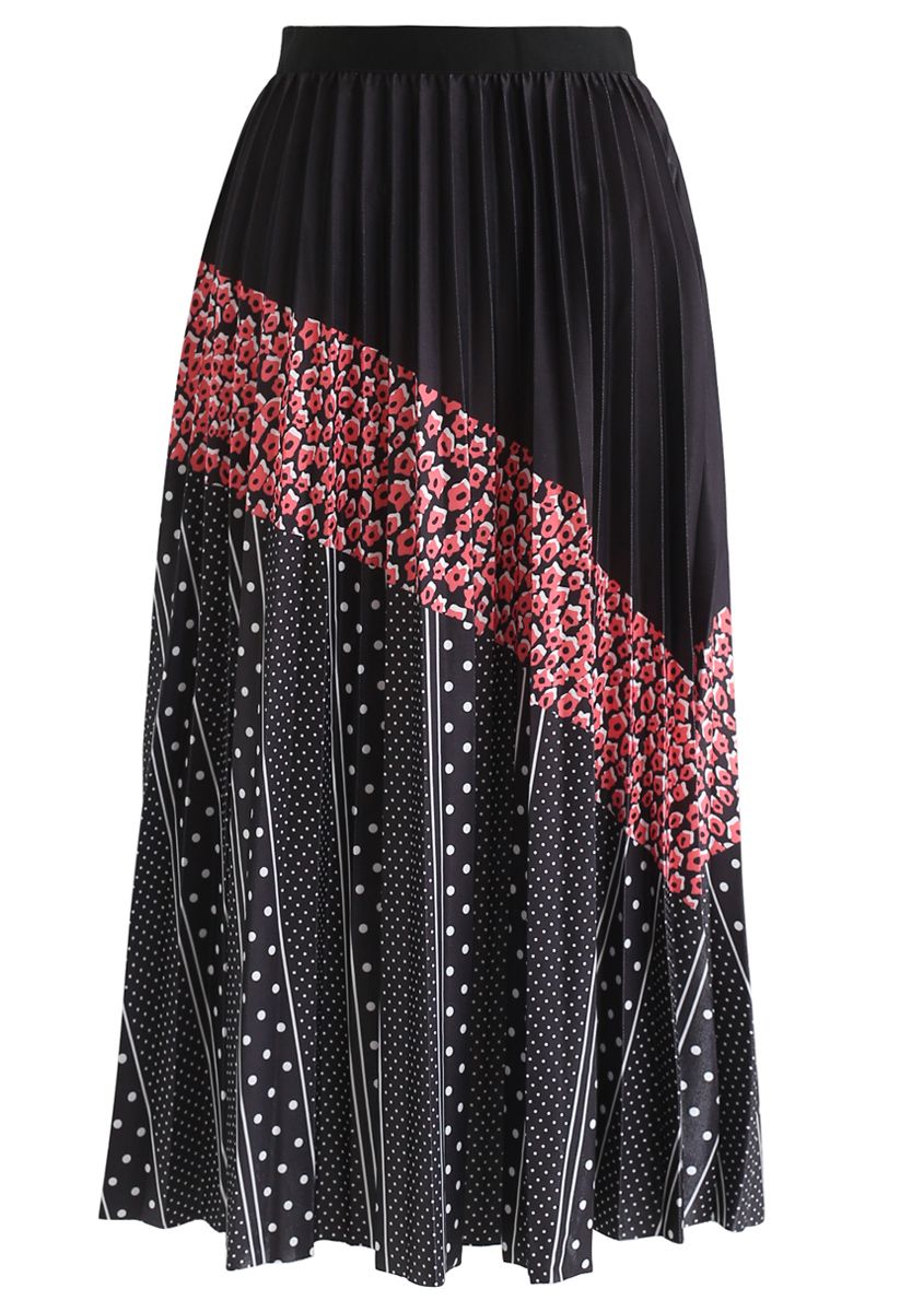 Spots Color Blocked Pleated Midi Skirt in Black - Retro, Indie and ...