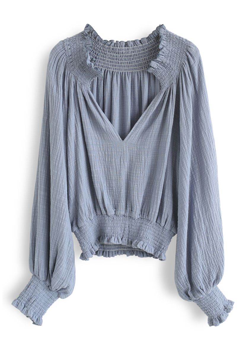 Deep V-Neck Shirred Top in Dusty Blue - Retro, Indie and Unique Fashion