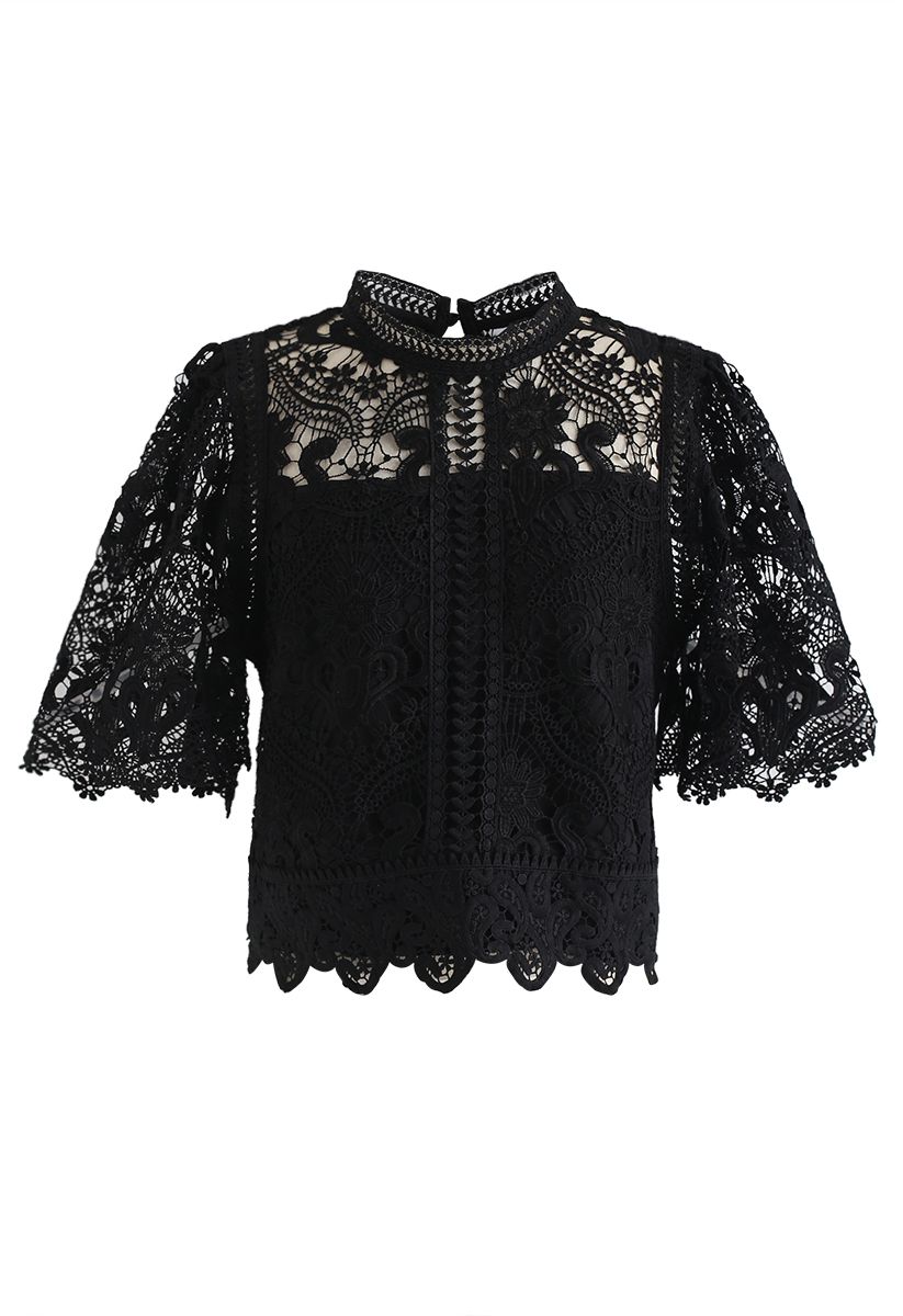 Crochet Bell Sleeves Cropped Top in Black - Retro, Indie and Unique Fashion