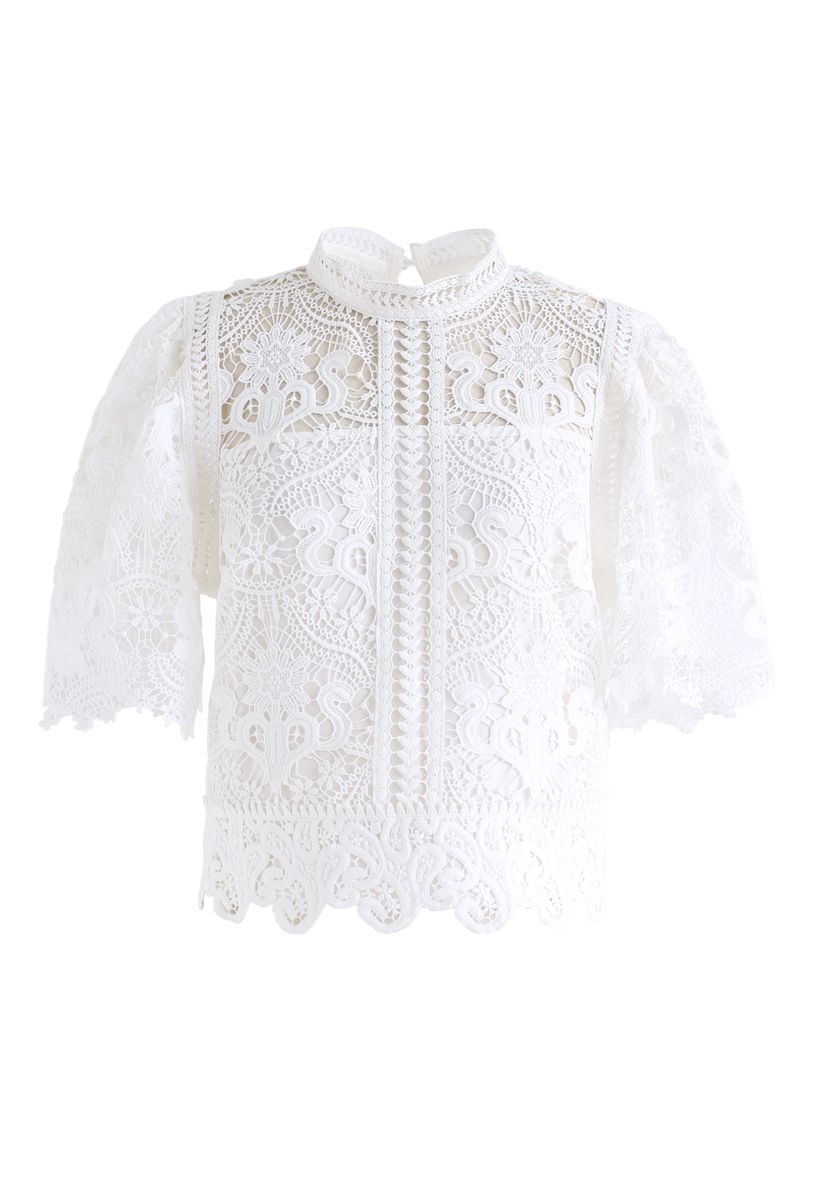 Crochet Bell Sleeves Cropped Top in White - Retro, Indie and Unique Fashion