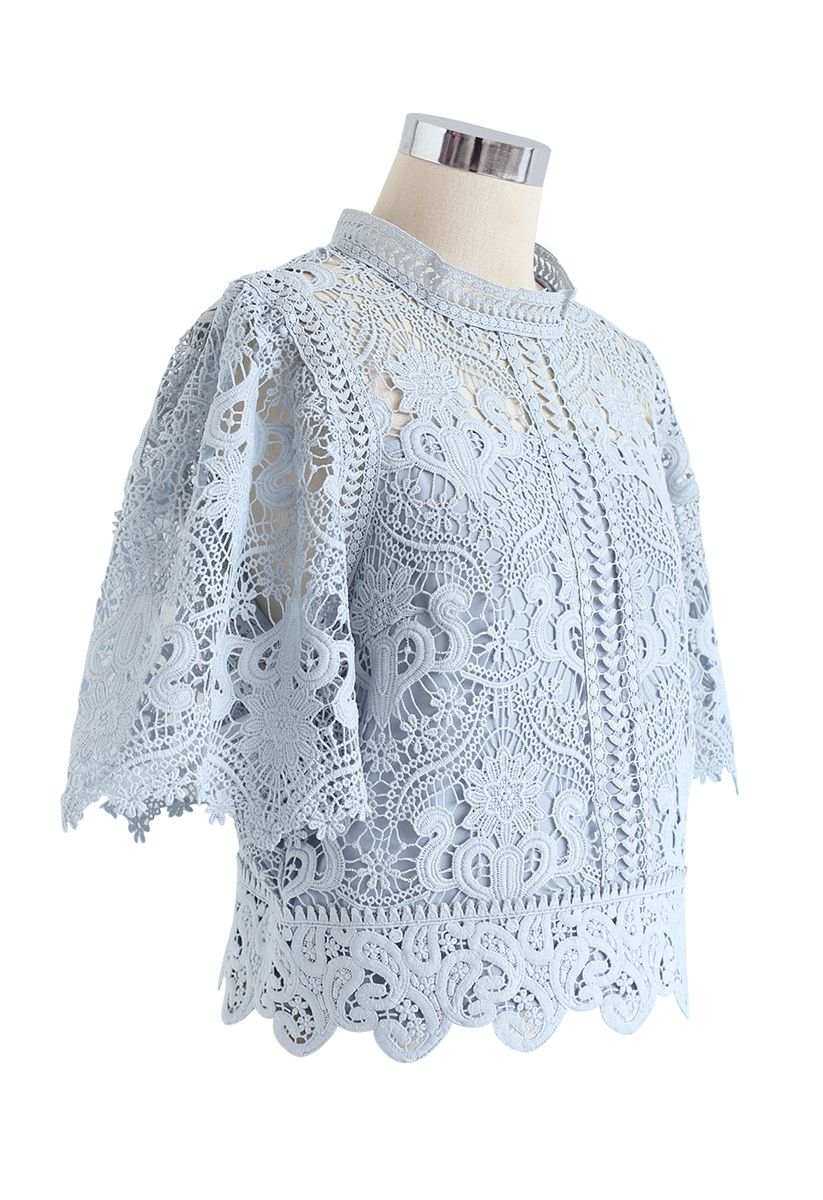 Crochet Bell Sleeves Cropped Top in Dusty Blue
