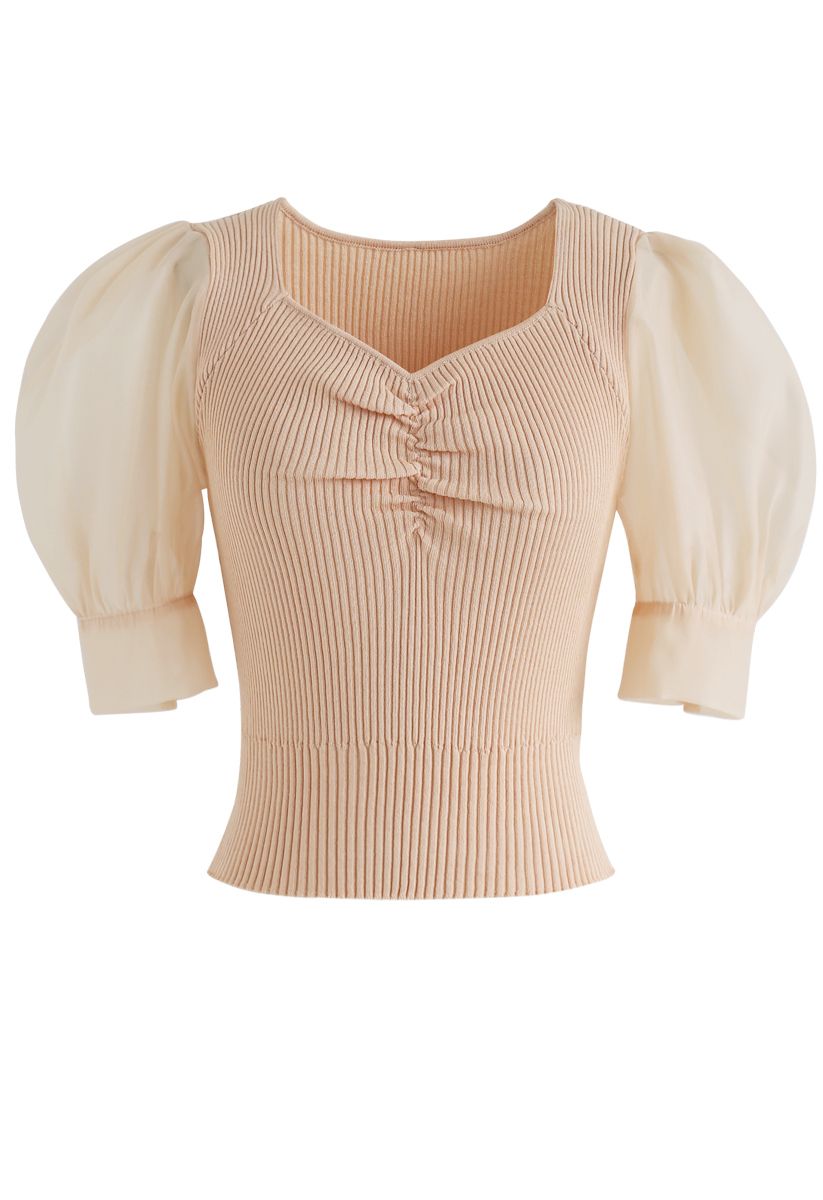 Ruched Bubble Sleeves Cropped Knit Top in Peach