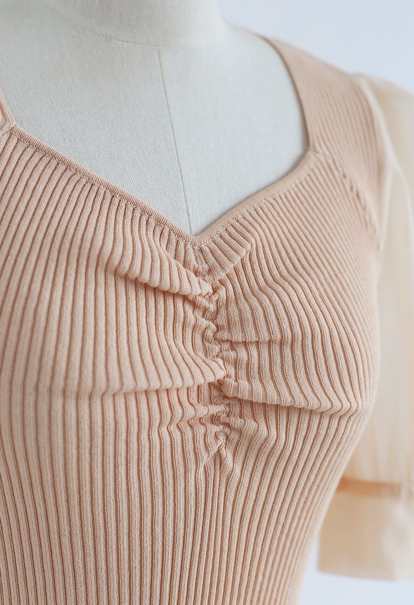 Ruched Bubble Sleeves Cropped Knit Top in Peach