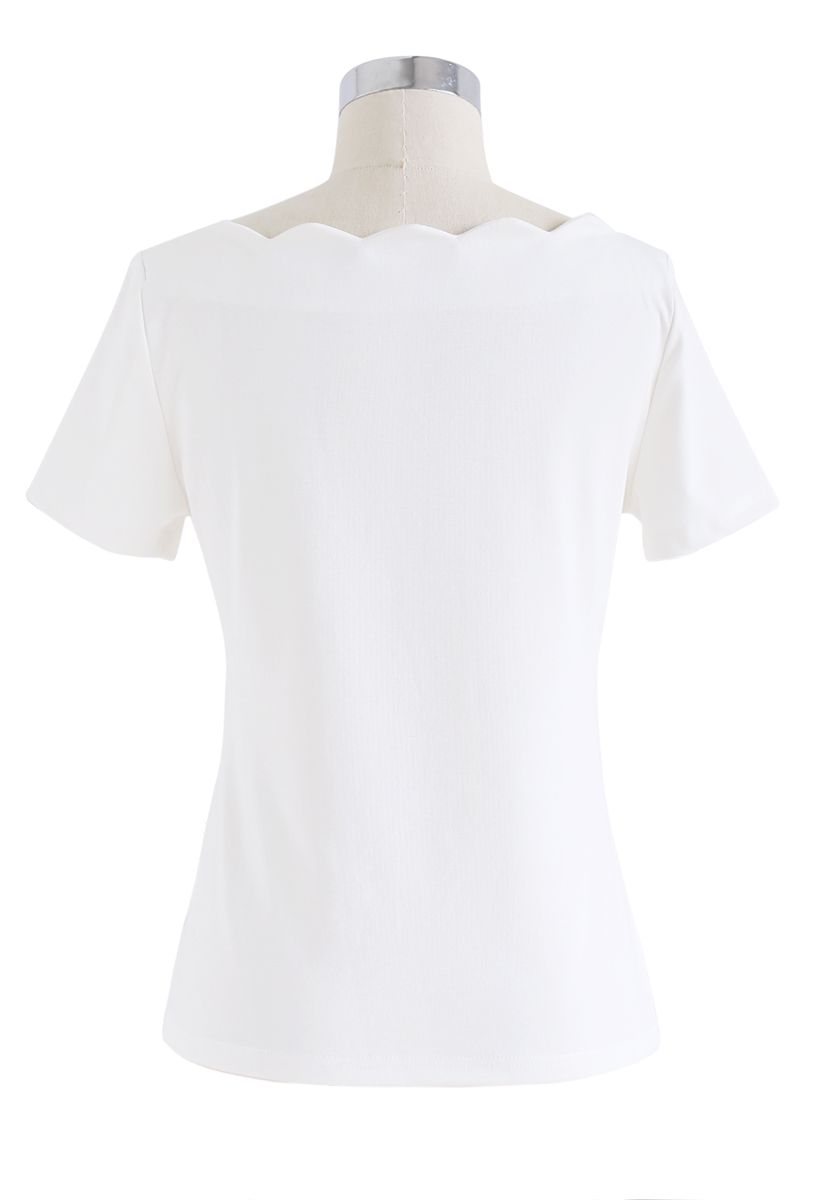 Wavy Boat Neck Short Sleeves Top in White - Retro, Indie and Unique Fashion