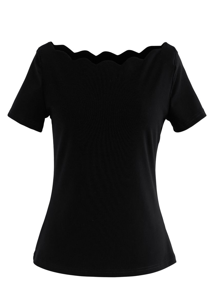 Wavy Boat Neck Short Sleeves Top in Black - Retro, Indie and Unique Fashion