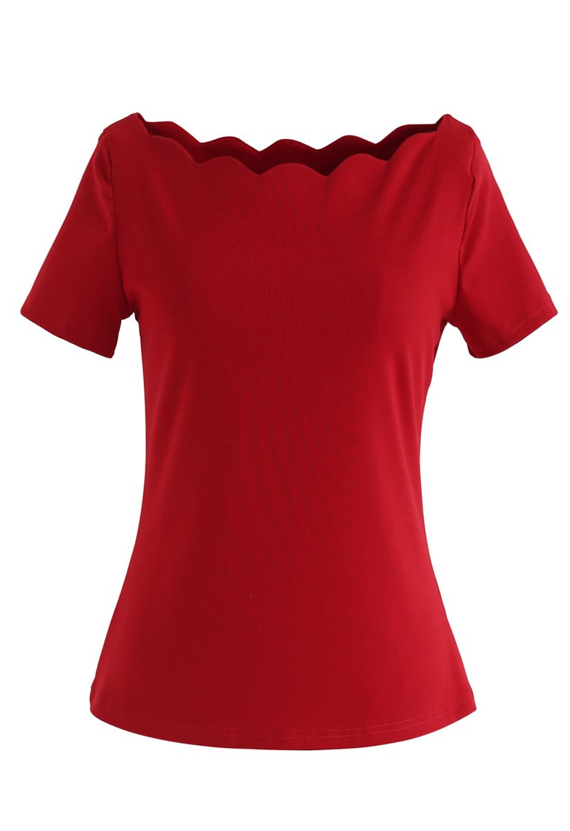 Wavy Boat Neck Short Sleeves Top in Red - Retro, Indie and Unique Fashion