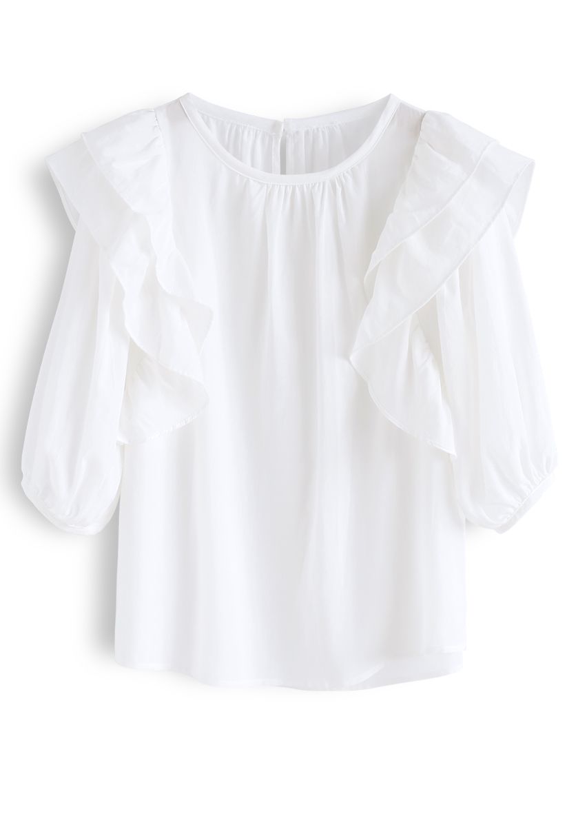 Bubble Sleeves Ruffle Top in White - Retro, Indie and Unique Fashion