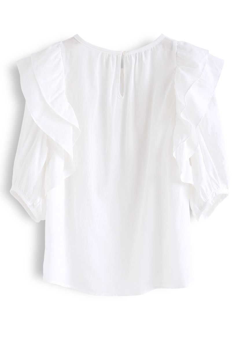 Bubble Sleeves Ruffle Top in White - Retro, Indie and Unique Fashion