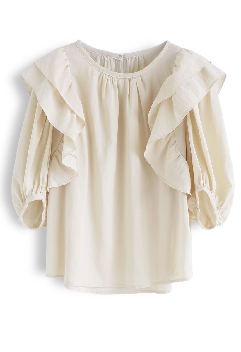 Bubble Sleeves Ruffle Top in Cream - Retro, Indie and Unique Fashion