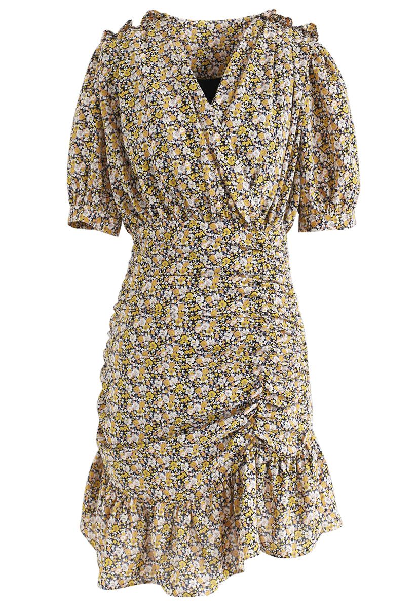 Floret Ruffle Ruched Midi Dress in Yellow