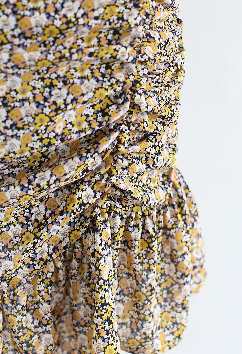 Floret Ruffle Ruched Midi Dress in Yellow - Retro, Indie and Unique Fashion