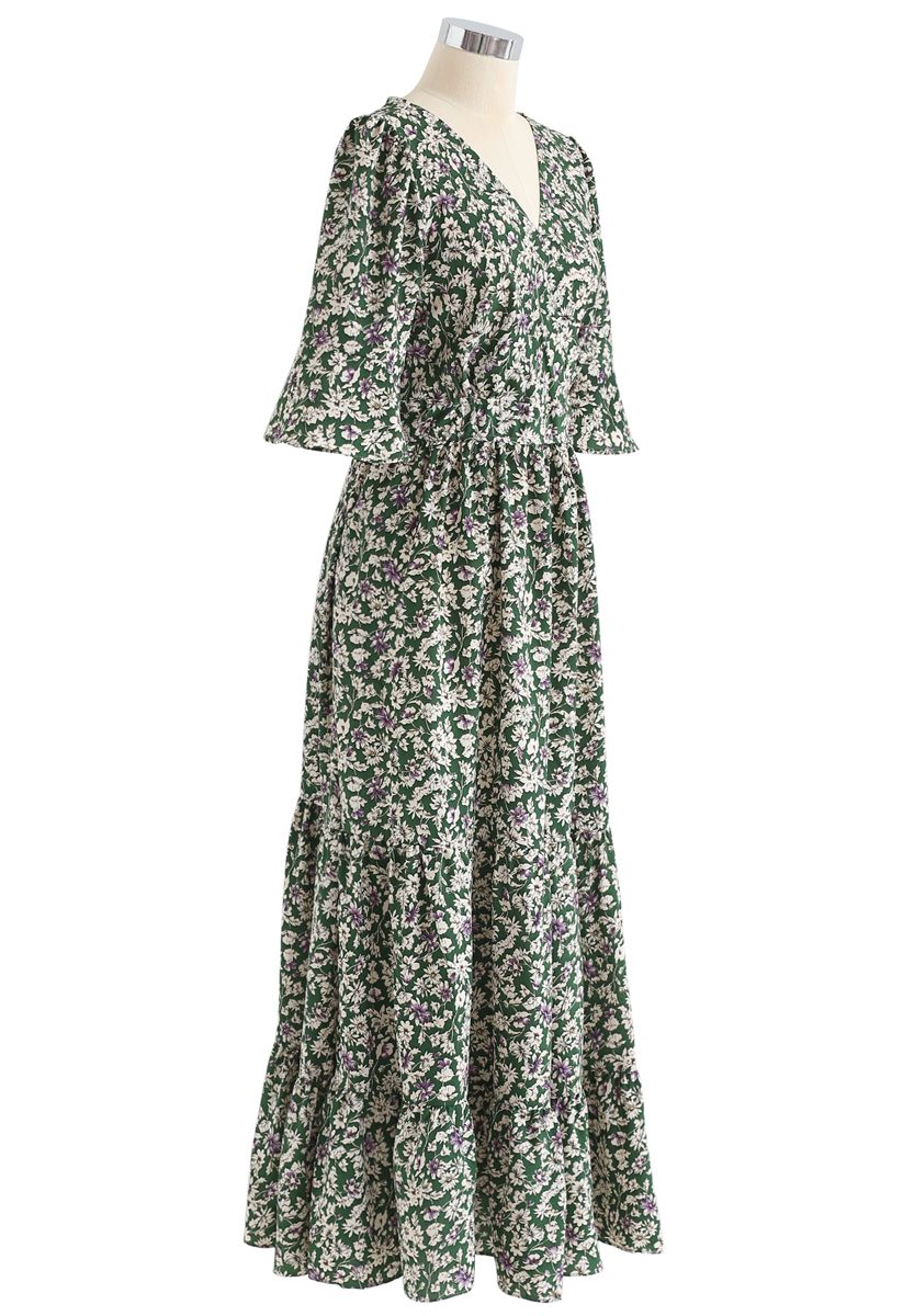 Wildflower Flare Sleeves Wrapped Maxi Dress in Green - Retro, Indie and ...