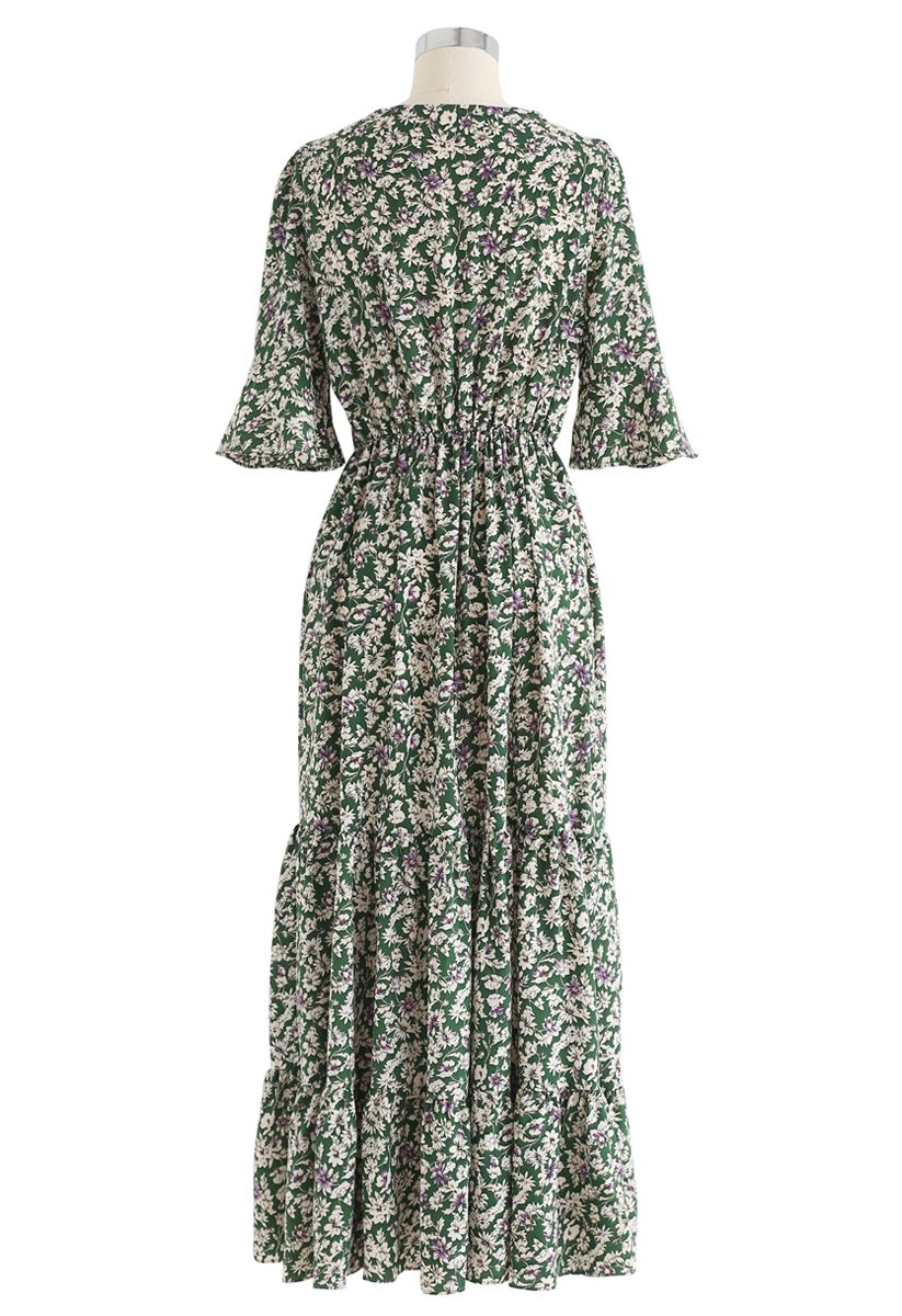 Wildflower Flare Sleeves Wrapped Maxi Dress in Green - Retro, Indie and ...